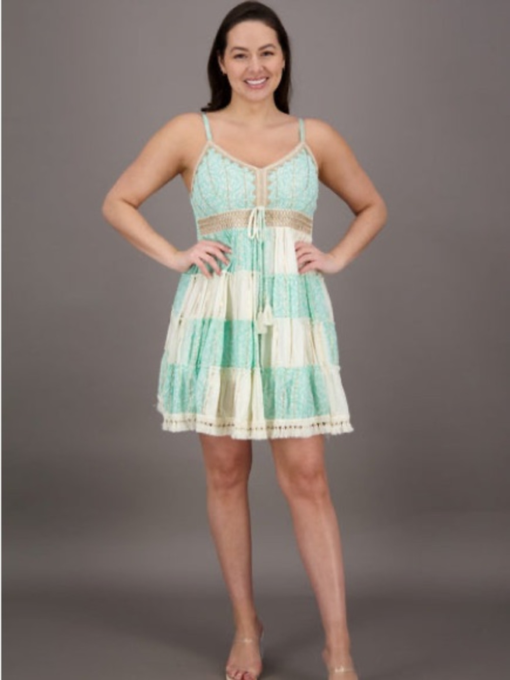 Tiered Mint and Cream Lace Mini Dress with Spaghetti Straps